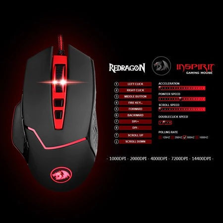Redragon M907 Inspirit with Omron Switch, 9 Buttons,5 Memory Modes, On the Fly DPI Adjustment, Wired Gaming Mouse Redragon M907 Inspirit with Omron Switch, 9 Buttons,5 Memory Modes, On the Fly DPI Adjustment, Wired Gaming Mouse